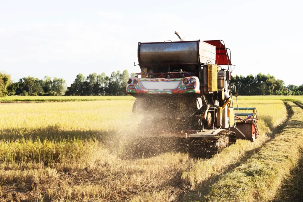 Máquina agrícola colhendo arroz em uma plantação, levantando poeira enquanto avança. Fixadores resistentes garantem o funcionamento seguro sob condições extremas.